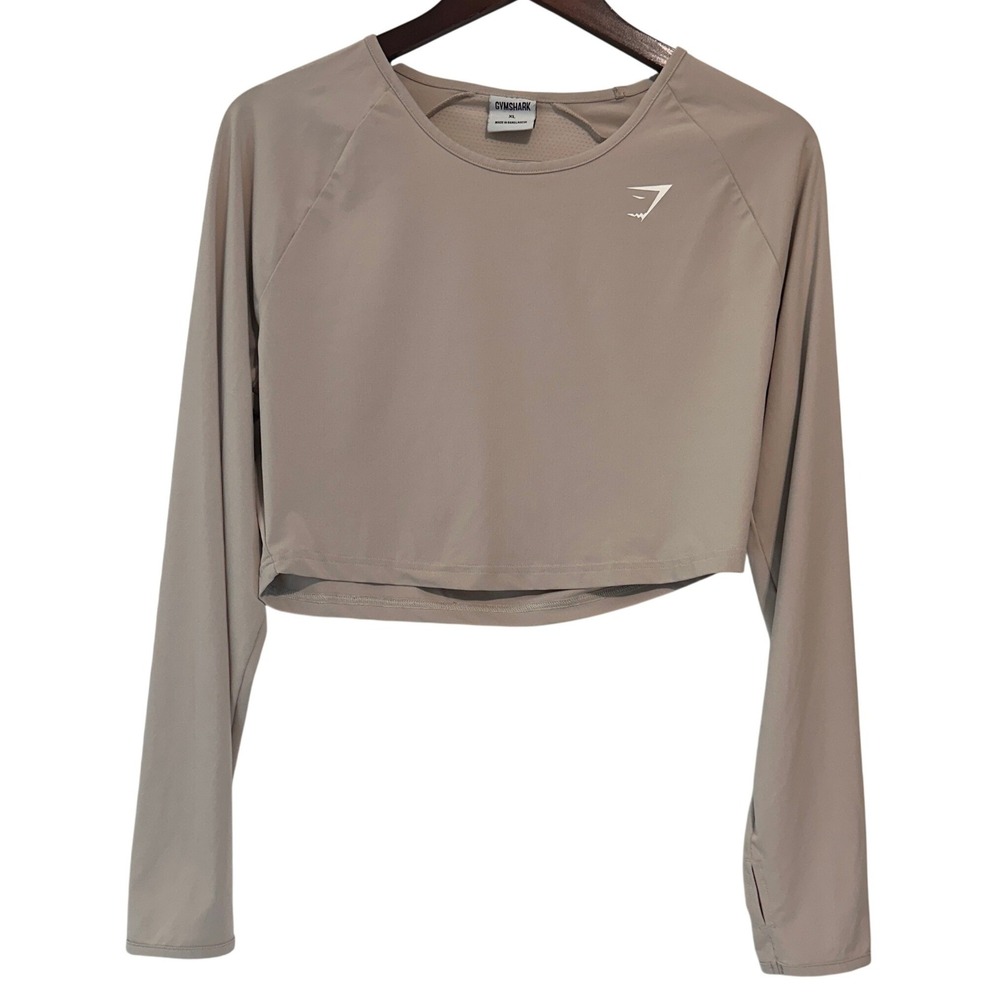 Gymshark Tan Long Sleeve Crop Top Mesh Back Top Thumbholes Women's Size XL